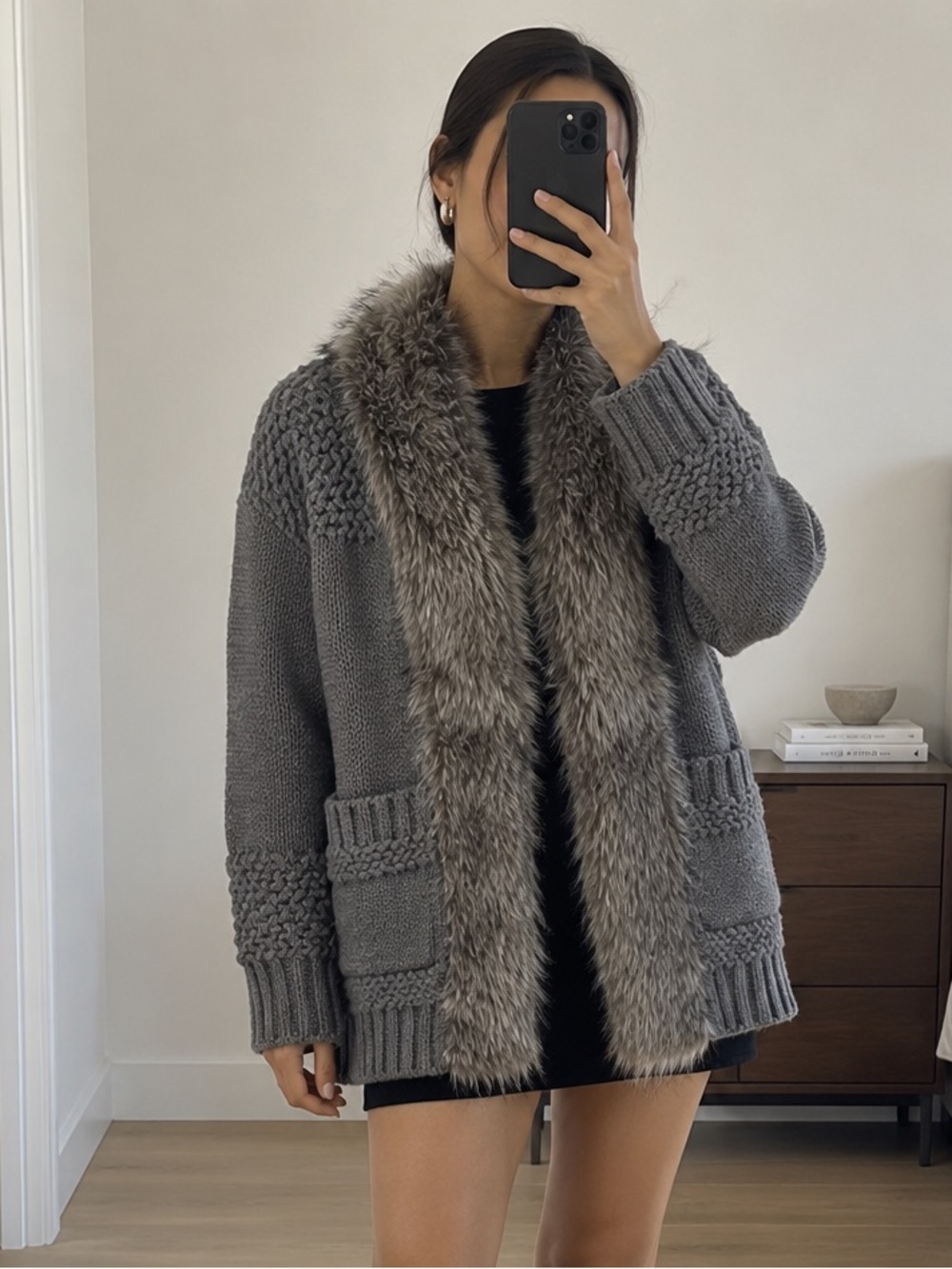 Topshop Grey Chunky Knit Long Cardigan Faux Fur Trim Pockets Size US 6